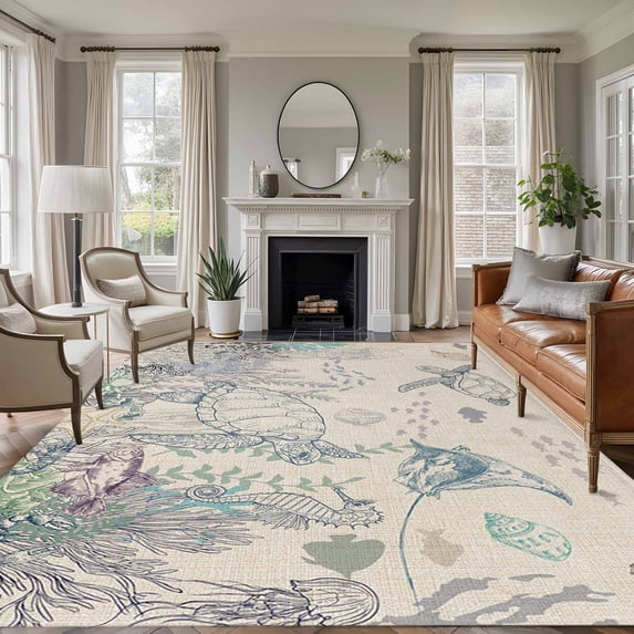 Turtle Coastal Area Rugs 8'x10', Washable Small Throw Rugs for Living Room Patio, Nautical Summer Beach Coral Jellyfish Rustic Indoor Outdoor Rug Non-Slip Low Pile Carpet Runner Reversible Floor Mats