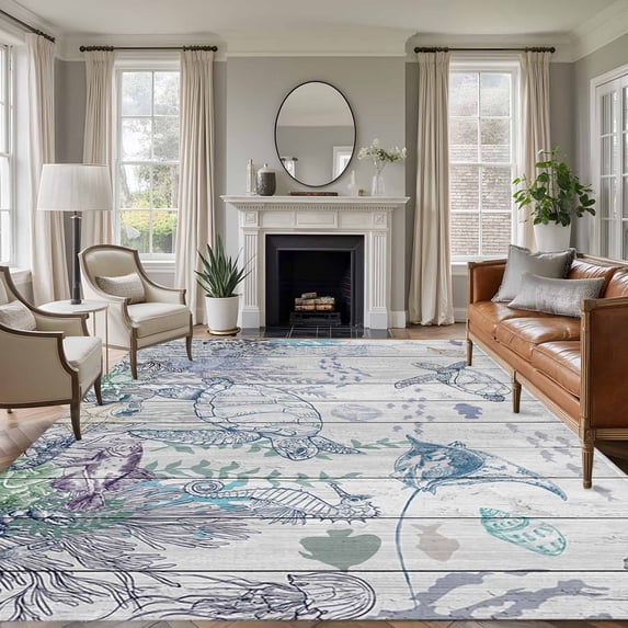 Turtle Coastal Area Rugs 8'x10', Washable Small Throw Rugs for Living Room Patio, Nautical Summer Beach Coral Jellyfish Wooden Indoor Outdoor Rug Non-Slip Low Pile Carpet Runner Reversible Floor Mats