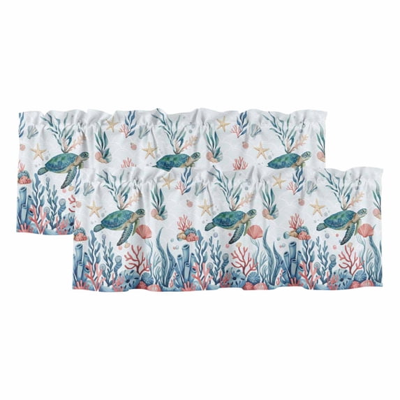 Turtle Coastal Curtain Valances for Windows, Kitchen Valance Window Treatments Panel 2 Pack, Summer Beach Ocean Shell Jellyfish Starfish Rod Pocket Short Curtains for Bathroom Bedroom 42 x 18 Inch