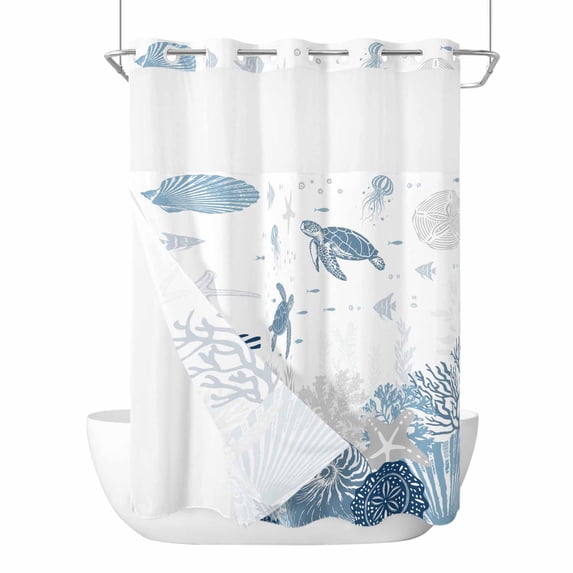 Turtle Coastal No Hook Shower Curtain with Snap in Liner, Waterproof Fabric Shower Curtains, Nautical Summer Beach Coral Shell Starfish Shower Curtain Set Top See Through for Bathroom 48"x72"