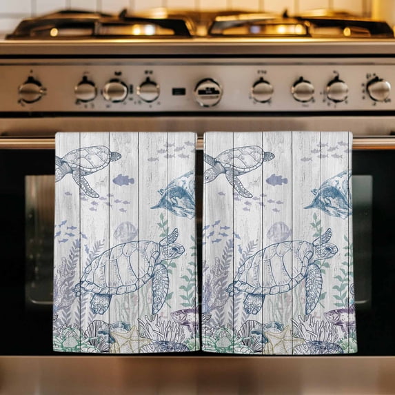Turtle Coastal Kitchen Towels Set of 1, Nautical Summer Beach Coral Jellyfish Wooden Absorbent Dish Towels for Kitchen, Microfiber Hand Towel, Quick Drying Tea Towel for Cleaning Dishcloths