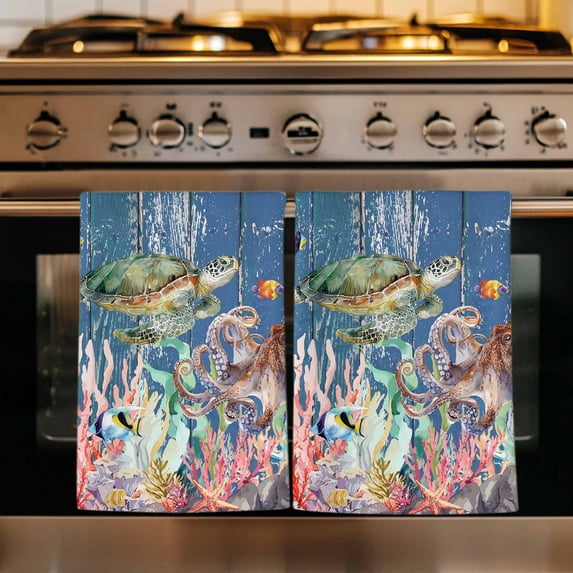 Turtle Coastal Kitchen Towels Set of 1, Nautical Summer Beach Coral Octopus Blue Wooden Absorbent Dish Towels for Kitchen, Microfiber Hand Towel, Quick Drying Tea Towel for Cleaning Dishcloths