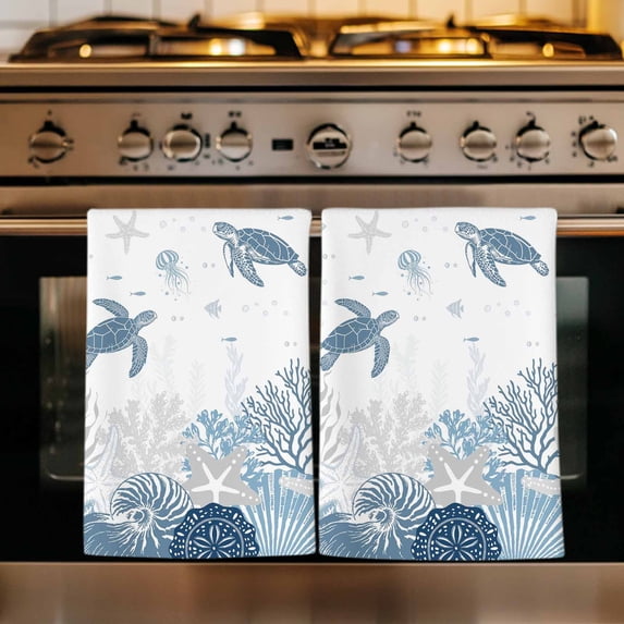 Turtle Coastal Kitchen Towels Set of 1, Nautical Summer Beach Coral Shell Starfish Absorbent Dish Towels for Kitchen, Microfiber Hand Towel, Quick Drying Tea Towel for Cleaning Decorative Dishcloths