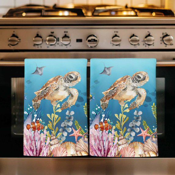 Turtle Coastal Kitchen Towels Set of 2, Nautical Ocean Summer Beach Coral Octopus Absorbent Dish Towels for Kitchen, Microfiber Hand Towel, Quick Drying Tea Towel for Cleaning Decorative Dishcloths