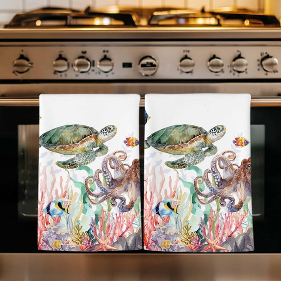 Turtle Coastal Kitchen Towels Set of 2, Nautical Summer Beach Coral Seahorse Jellyfish Absorbent Dish Towels for Kitchen, Microfiber Hand Towel, Quick Drying Tea Towel for Cleaning Dishcloths