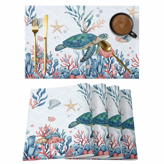 Turtle Coastal Placemats Set of 4, Summer Beach Ocean Shell Jellyfish Starfish Placemats for Dining Table, Place Mats for Kitchen Tabletop, Waterproof Wipeable Dining Table Mats Set
