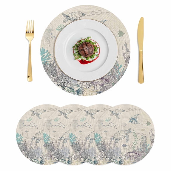 Turtle Coastal Round 13 Inch Placemats Set of 4, Nautical Summer Beach Coral Jellyfish Rustic HeatResistant Non Slip Place Mats for Dining Table, Wipeable Braided Kitchen Table Mats for Housewarming