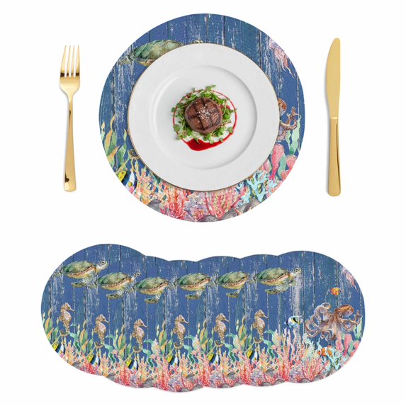 Turtle Coastal Round 13 Inch Placemats Set of 6, Nautical Summer Beach Coral Octopus Blue Wooden HeatResistant Non Slip Place Mats for Dining Table, Wipeable Kitchen Table Mats for Housewarming