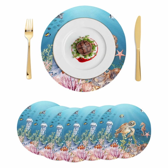 Turtle Coastal Round 15 Inch Placemats Set of 6, Nautical Ocean Summer Beach Coral Octopus HeatResistant Non Slip Place Mats for Dining Table, Wipeable Braided Kitchen Table Mats for Housewarming