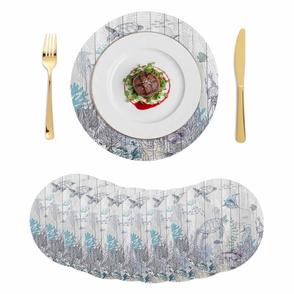 Turtle Coastal Round 15 Inch Placemats Set of 8, Nautical Summer Beach Coral Jellyfish Wooden HeatResistant Non Slip Place Mats for Dining Table, Wipeable Braided Kitchen Table Mats for Housewarming