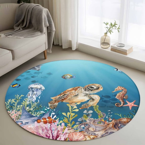 Turtle Coastal Round Area Rug 3Ft Washable Small Circle Rugs for Kitchen Entryway, Nautical Ocean Summer Beach Coral Octopus Non-Slip Carpet Floor Mats Indoor Outdoor Carpet Runner Home Decor