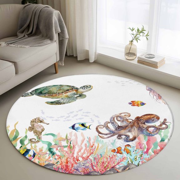 Turtle Coastal Round Area Rug 3Ft Washable Small Circle Rugs for Kitchen Entryway, Nautical Summer Beach Coral Seahorse Jellyfish Non-Slip Carpet Floor Mats Indoor Outdoor Carpet Runner Home Decor