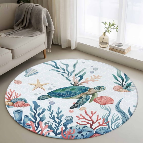 Turtle Coastal Round Area Rug 3Ft Washable Small Circle Rugs for Kitchen Entryway, Summer Beach Ocean Shell Jellyfish Starfish Non-Slip Carpet Floor Mats Indoor Outdoor Carpet Runner Home Decor