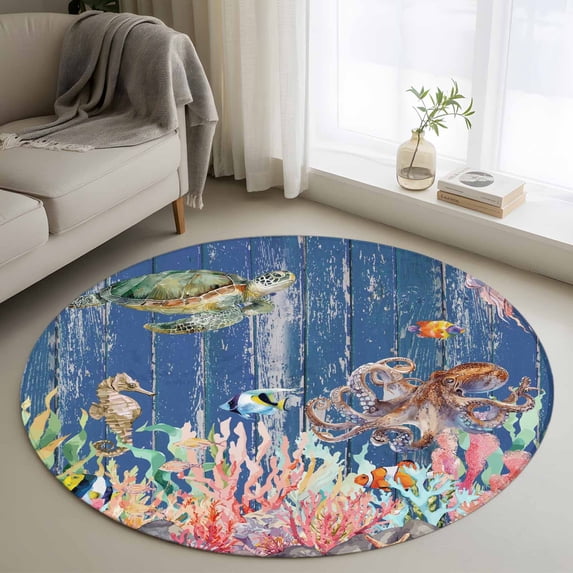 Turtle Coastal Round Area Rug 4Ft Washable Circle Rugs for Bedroom Dining Room, Nautical Summer Beach Coral Octopus Blue Wooden Non-Slip Carpet Floor Mats Indoor Outdoor Carpet Runner Home Decor