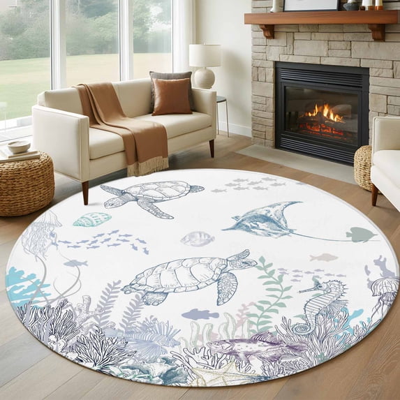 Turtle Coastal Round Area Rug 5Ft Washable Circle Rugs for Living Room Bedroom, Nautical Summer Beach Coral Jellyfish Shell Non-Slip Carpet Floor Mats Indoor Outdoor Carpet Runner Home Decor