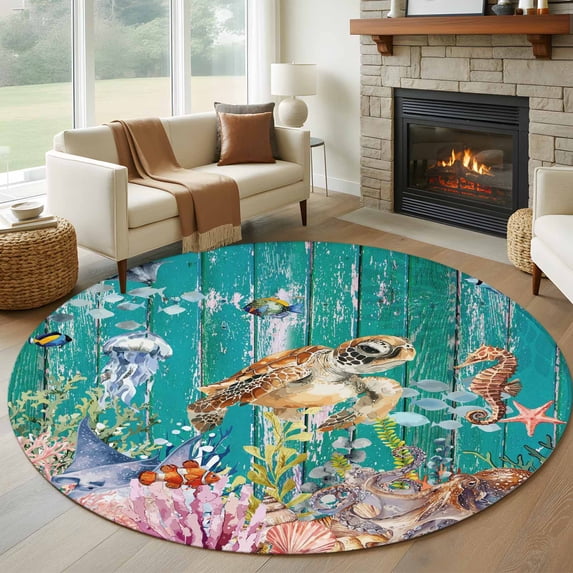 Turtle Coastal Round Area Rug 5Ft Washable Circle Rugs for Living Room Bedroom, Summer Beach Coral Seahorse Green Wooden Retro Non-Slip Carpet Floor Mats Indoor Outdoor Carpet Runner Home Decor
