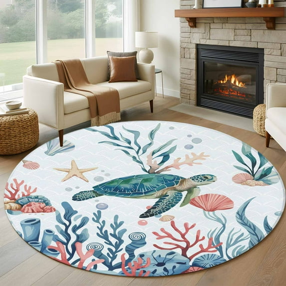Turtle Coastal Round Area Rug 6Ft Washable Circle Rugs for Bathroom Office, Summer Beach Ocean Shell Jellyfish Starfish Non-Slip Carpet Floor Mats Indoor Outdoor Carpet Runner Aesthetic Home Decor