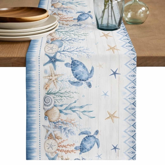 Turtle Coastal Table Runner 48 Inches Long, Kitchen Dining Table Decoration, Seaside Vintage Starfish Nautical Geometric Coffee Tablerunner Dress Scarves Farmhouse Décor for Party, Holiday, 13 x 48