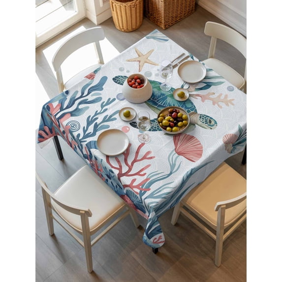 Turtle Coastal Tablecloth Square Table Cloth 60x60, Waterproof Tablecloth Outdoor Table Cloth, Summer Beach Ocean Shell Jellyfish Starfish Washable Table Cover for Kitchen Dinning Party