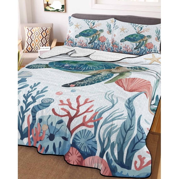 Turtle Coastal Twin Size Down Alternative Comforter,Lightweight Comforter Quilt Bedding Set with Pillow Shams Summer Beach Ocean Shell Jellyfish Starfish Bed Comforter Duvet Insert 68"x86"