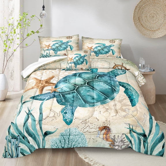 Turtle Comforter Set Ocean Themed Comforter Teal Blue Turtle Pattern Beach Comforter Soft Microfiber Bedding Sets Queen Size 4 Pieces Bedding