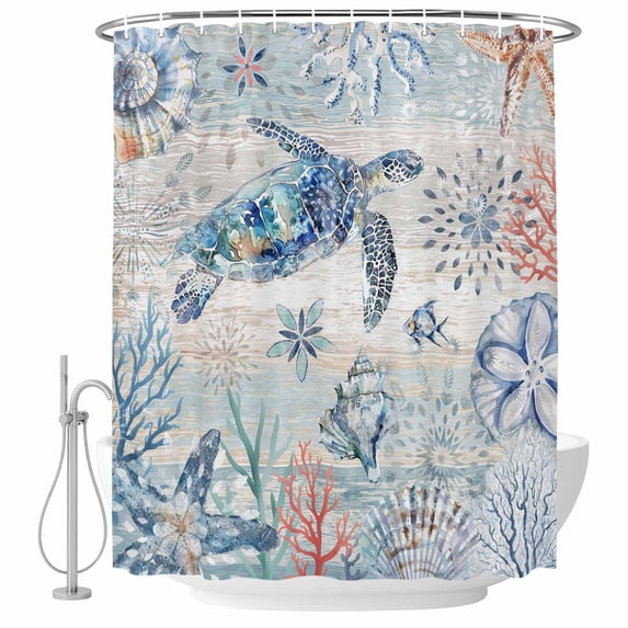 Turtle Coral Starfish Fabric Shower Curtain Marine Life Ocean Wood Grain Washable Shower Curtains for Bathroom, Waterproof Bath Curtain with Hooks Home Decor 72x72in