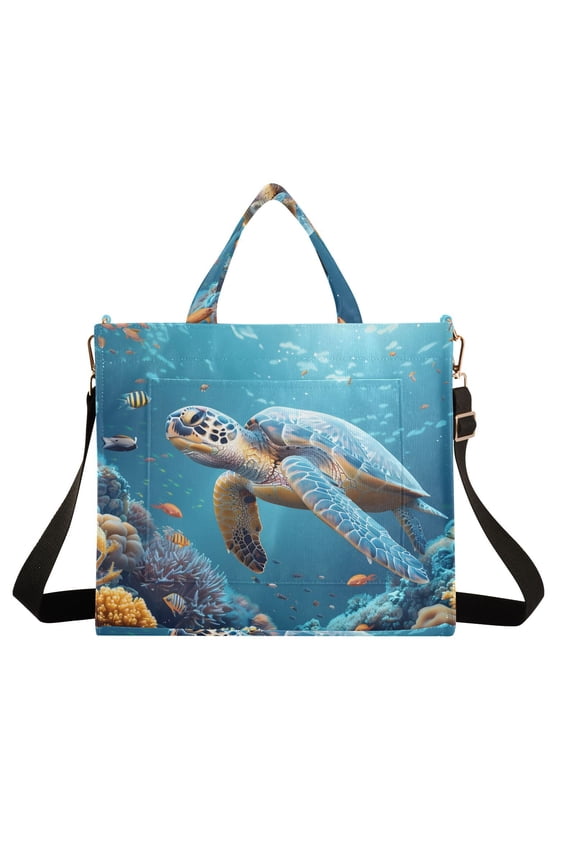 Turtle Corals Fish Corduroy Tote Bag Handbag Large Messenger Bag Shoulder Crossbody Zipper Bag Purse