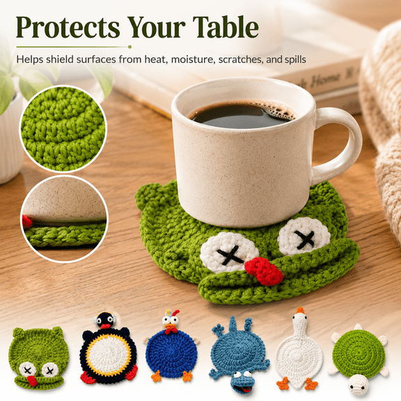 Turtle Crochet Animal Coaster, Cute 3D Amigurumi Handmade Mug Rug DIY Kit or Finished Animal Cup Mat for Coffee Table Decor - Turtle
