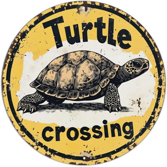 Turtle Crossing Round Metal Sign Vintage Distressed Wall Decor 8x8 Inch
