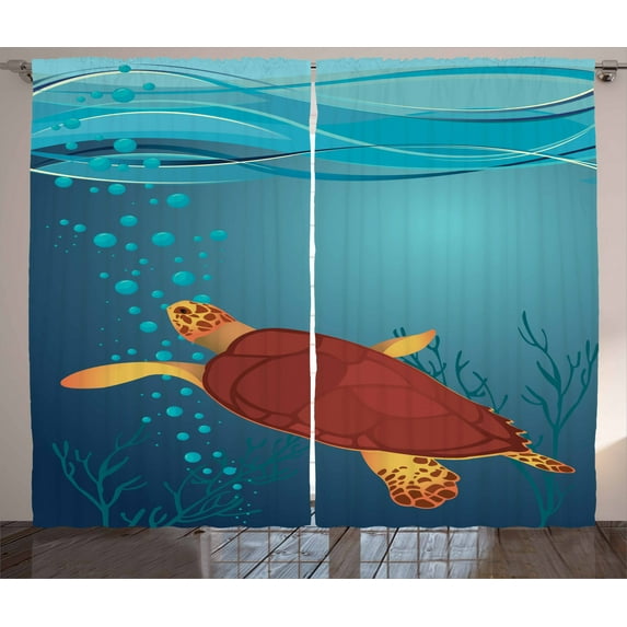 Turtle Curtains 2 Panels Set, Cartoon Illustration of a Coffee Color Tortoise with Air Bubbles Corals and Seaweeds, Window Drapes for Living Room Bedroom, 108W X 96L Inches, Multicolor, by Ambesonne