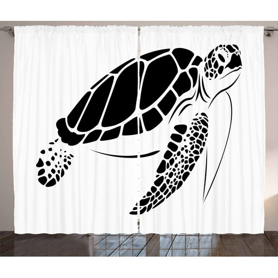 Ambesonne Turtle Curtains 2 Panel Set, Monotone Caretta Caretta, 108" x 90", Black and White