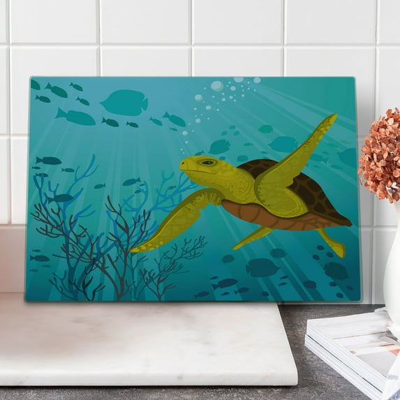 Turtle Cutting Board, Cartoon Animal Under the Sea Silhouettes of Fish Sun Rays Coral, Decorative Tempered Glass Cutting and Serving Board, Large Size, Turquoise Mustard Brown, by Ambesonne