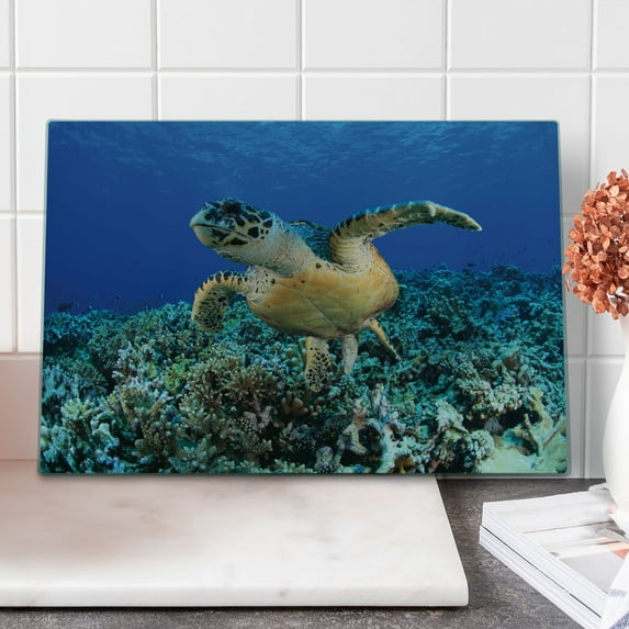 Turtle Cutting Board, Cheloniidae in Deep Blue Ocean Aquatic Endangered Wildlife Nature Photo, Decorative Tempered Glass Cutting and Serving Board, Large Size, Violet Blue Pale Brown, by Ambesonne