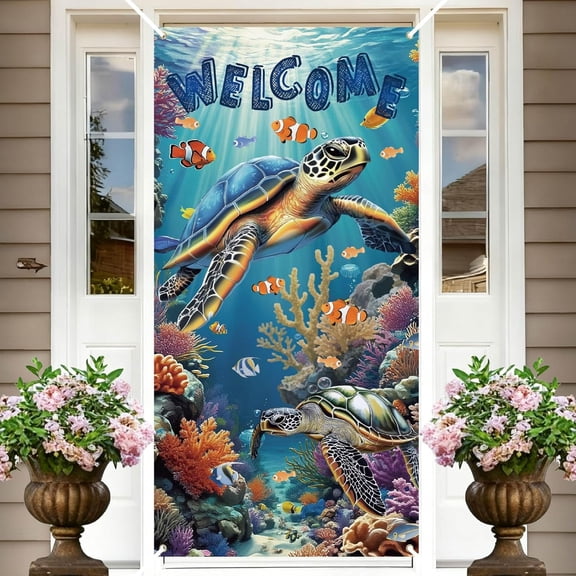 Turtle Door Cover Decorative Door Covers Ocean Theme Sea Turtle Pattern Polyester Rectangle Seasonal Banners otogray Background