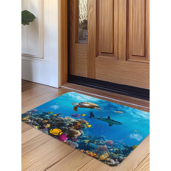 Turtle Door Mat&nbsp;Indoor Outdoor Entrance, Non Slip Rug for Kitchen Bathroom Entryway Rug, Blue Ocean Sea Shark Coral Cartoon Fish Summer Washable Doormat Floor Mat 24x36 Inch