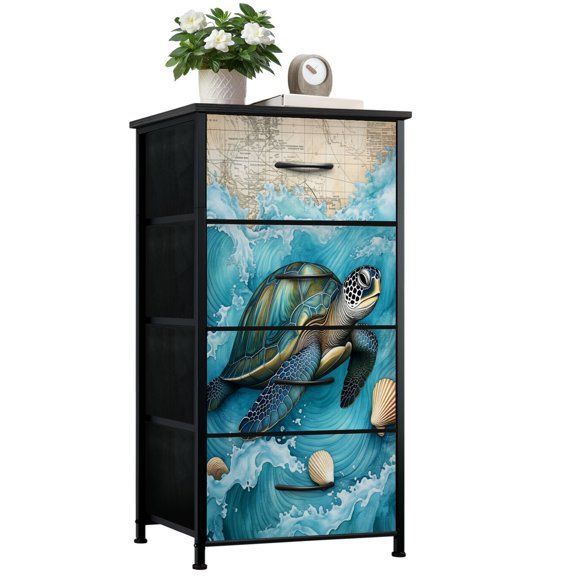Turtle Dresser for Bedroom with 4 Storage Drawers Coastal Turtle Nautical Ocean Theme Sea Turtle Ocean Waves Map Dressers Chest of Drawers Steel Framed Fabric Closet Organizers for Entryway