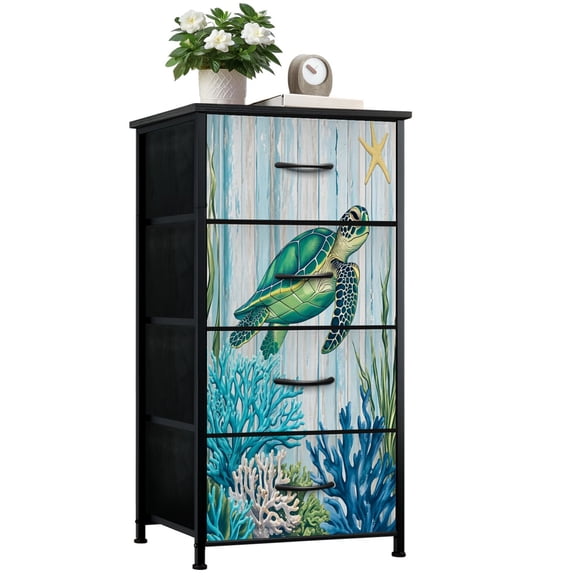 Turtle Dresser for Bedroom with 4 Storage Drawers Ocean Blue Bedroom Ocean Themed Beach Floral Sea Turtle Coral Dressers Chest of Drawers Steel Framed Fabric Closet Organizers for Entryway