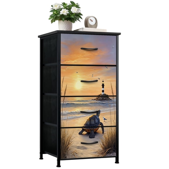 Turtle Dresser for Bedroom with 4 Storage Drawers Sea Turtle Funny Turtle Bathtub Ocean Theme Turtle Lighthouse Dressers Chest of Drawers Steel Framed Fabric Closet Organizers for Entryway