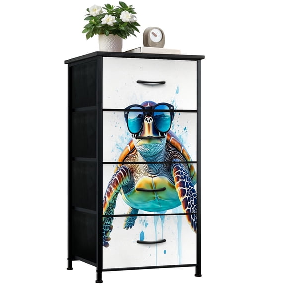 Turtle Dresser for Bedroom with 4 Storage Drawers Sea Turtle Turtles Glasses Funny Turtle Painting White Turtle Dressers Chest of Drawers Steel Framed Fabric Closet Organizers for Entryway