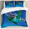thumbnail image 1 of Turtle Duvet Cover Set, Aquatic Theme Photo Tropical Exotic Sea Animal Swim Aquarium Wildlife, Decorative 3 Piece Bedding Set with 2 Pillow Shams, Calking Size, Violet Blue Fern Green, by Ambesonne, 1 of 3