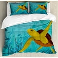 thumbnail image 1 of Turtle Duvet Cover Set, Cartoon Animal Under the Sea Silhouettes of Fish Sun Rays Coral, Decorative 3 Piece Bedding Set with 2 Pillow Shams, Queen Size, Turquoise Mustard Brown, by Ambesonne, 1 of 3