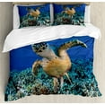 thumbnail image 1 of Turtle Duvet Cover Set, Cheloniidae in Deep Blue Ocean Aquatic Endangered Wildlife Nature Photo, Decorative 3 Piece Bedding Set with 2 Pillow Shams, King Size, Violet Blue Pale Brown, by Ambesonne, 1 of 3
