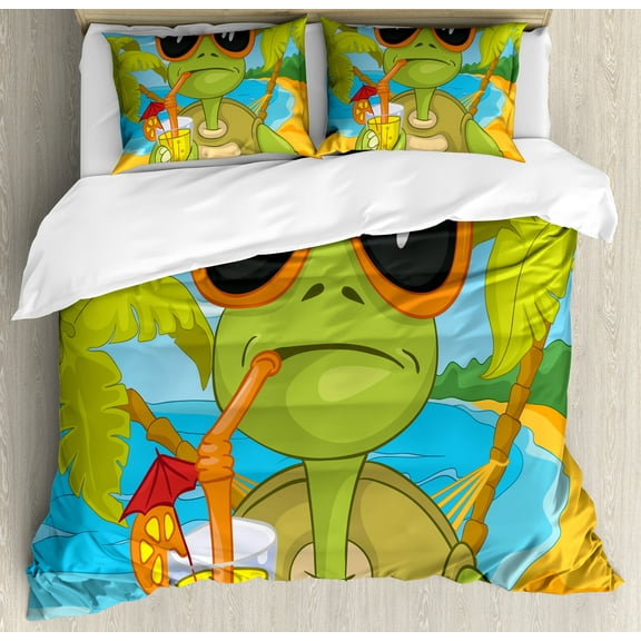 Turtle Duvet Cover Set, Cool Sea Animal Sunglasses Drinking Cocktail at the Beach Cartoon, Decorative 3 Piece Bedding Set with 2 Pillow Shams, Queen Size, Green Orange Pale Blue, by Ambesonne