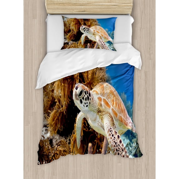 Turtle Duvet Cover Set, Coral Reef and Sea Turtle Close up Photo Bonaire Island Waters Maritime, Decorative 2 Piece Bedding Set with 1 Pillow Shams, Twin Size, Pale Coffee Brown Blue, by Ambesonne