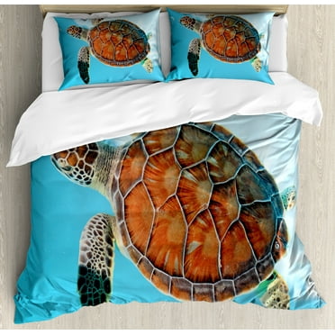 Turtle Duvet Cover Set, Endangered Species Sea Animal in Tropic Caribbean Waters Wildlife, Decorative 3 Piece Bedding Set with 2 Pillow Shams, Calking Size, Turquoise Cinnamon, by Ambesonne