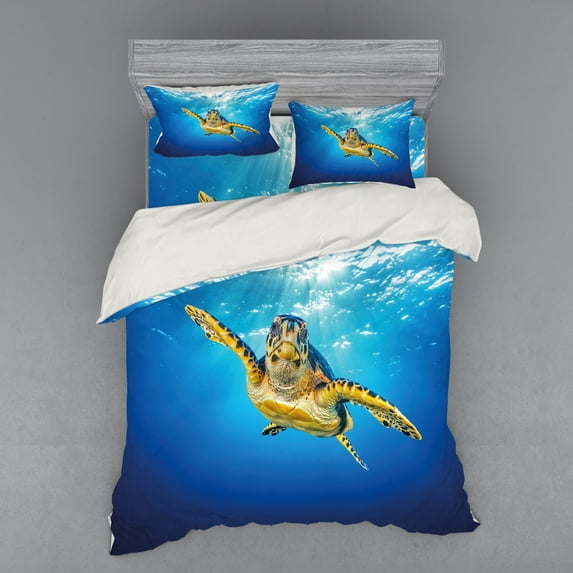 Turtle Duvet Cover Set, Eretmochelys Imbricata Swimming in Blue Waters Sun Rays Oceanic Wildlife, Bedding Set with Shams and Fitted Sheet, 3 Sizes, by Ambesonne