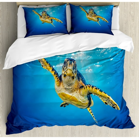 Turtle Duvet Cover Set, Eretmochelys Imbricata Swimming in Blue Waters Sun Rays Oceanic Wildlife, Decorative 3 Piece Bedding Set with 2 Pillow Shams, Calking Size, Blue Yellow Dark Brown, by Ambesonne