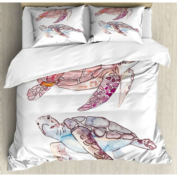 Turtle Duvet Cover Set, Hand Painted Watercolor Art of 2 Turtles Pastel Underwater Theme, Decorative 3 Piece Bedding Set with 2 Pillow Shams, King Size, Pink Fuchsia Purple, by Ambesonne