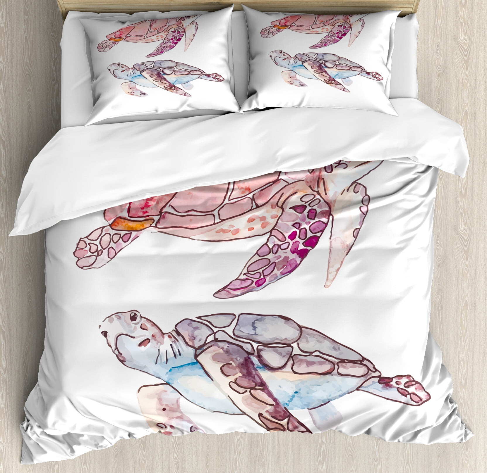 Turtle Duvet Cover Set, Hand Painted Watercolor Art of 2 Turtles Pastel Underwater Theme