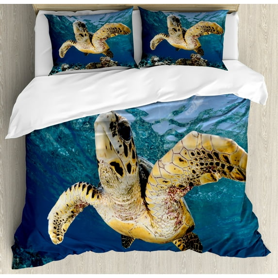 Turtle Duvet Cover Set, Hawksbill Sea Turtle in Blue Lagoon of Ocean Eretmochelys Imbricata Print, Decorative 3 Piece Bedding Set with 2 Pillow Shams, Queen Size, Blue Lilac Yellow, by Ambesonne